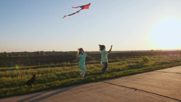 Maman avec fille et chien courant avec un cerf-volant volant — Video