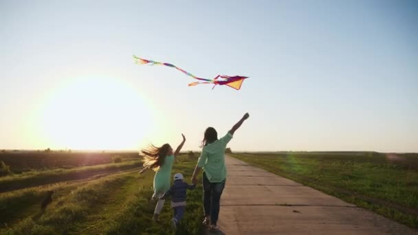 Moeder met kinderen en een hond met een vliegende kite — Stockvideo
