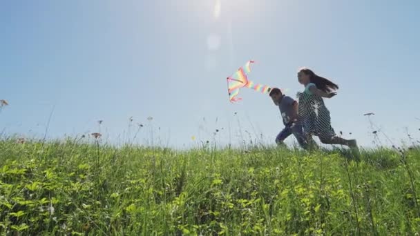 Child boy and girl enjoy run with flying kite — Stock Video