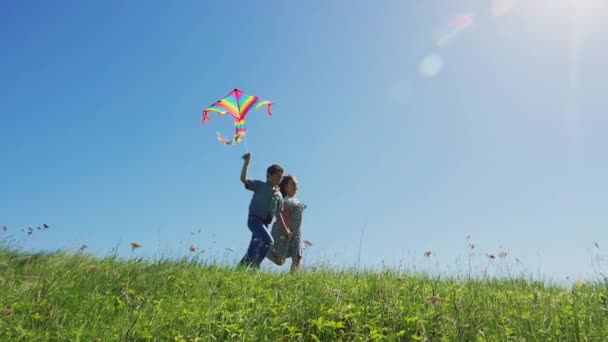 Niño y niña disfrutan caminando con cometa voladora — Vídeo de stock