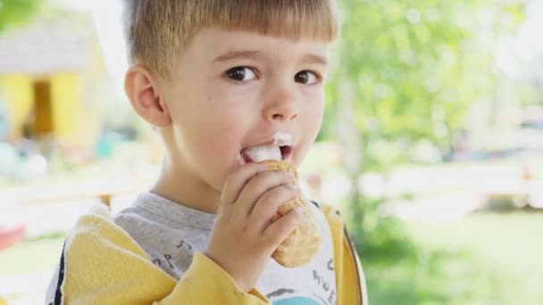 Um menino de três anos está comendo sorvete em uma xícara de waffle — Vídeo de Stock