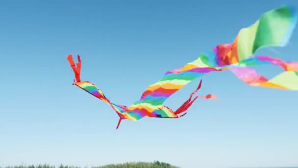 Kamera zielt auf einen Drachen am blauen Himmel in Nahaufnahme — Stockvideo