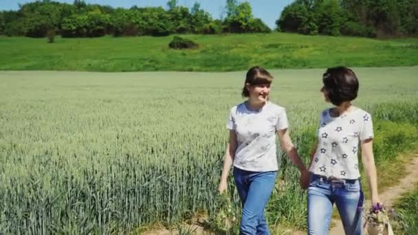 Dos chicas cogidas de la mano caminando sobre la naturaleza — Vídeos de Stock