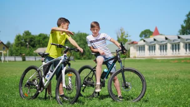 Boys with bicycles in nature — Stock Video