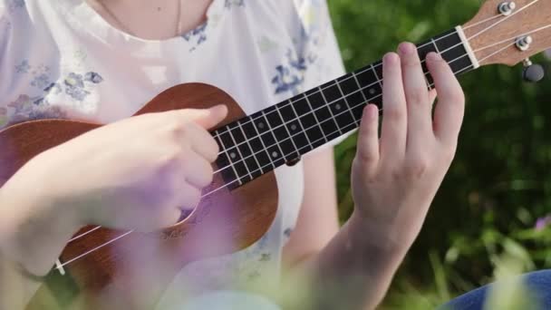 Fiatal gyönyörű lány játszik ukulele gitár — Stock videók