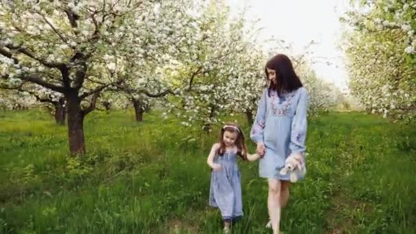 Концепція сімейної любові до природи. Мама з дочкою гуляє разом — стокове відео