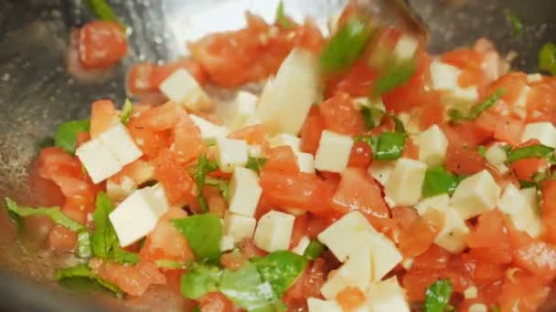 Ensalada vegetal con aceite de oliva, albahaca, tomate y queso derretido — Vídeos de Stock