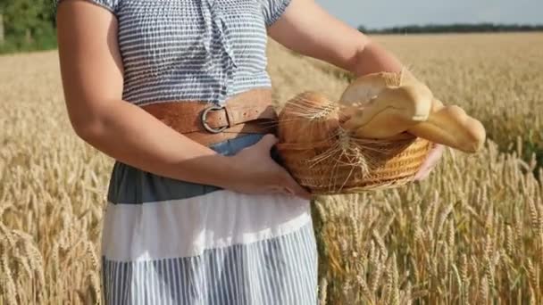 En kvinna bär bröd i en korg på en veteåker — Stockvideo