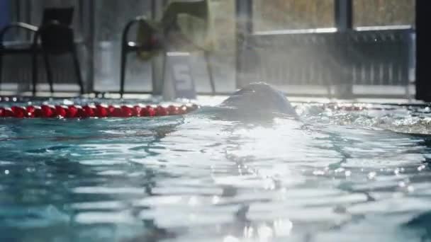 Nadador masculino nada en la piscina. En cámara lenta. — Vídeos de Stock