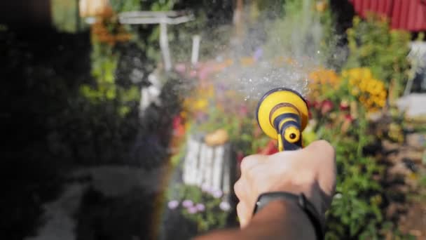 Homme arrosant des fleurs dans la cour arrière — Video