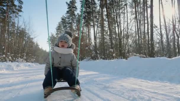 Unbekannter Vater zieht Schlitten mit einem Kind — Stockvideo