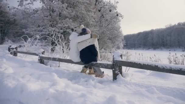 妈妈和女儿拥抱在一起 欣赏着山区的冬日风景 坐在被雪覆盖的木栅栏上 望着冰封的湖面 后视镜 稳定射门 — 图库视频影像
