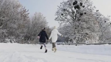 Dağlık temiz soğuk havada karlı yol boyunca çalışan mutlu bir aile. Anne ve kızı doğada kış oynamak. Steadicam ağır çekim video