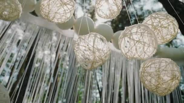 Knitted Balls Hang Threads Park Sunny Day Background Ribbons Sun — Stock Video