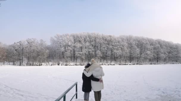 Woman with her daughter looking at the frost trees — Stock Video