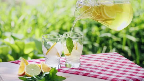 Citronnade aux tranches de glace, d'orange et de citron vert dans un verre — Video