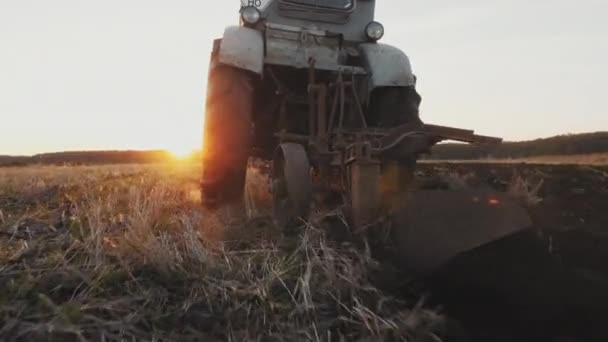 Achteraanzicht van een oude grijze trekker met een Harrow aan het werk op een veld — Stockvideo