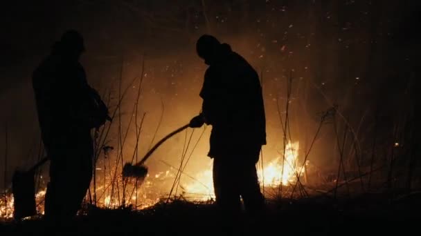 Два пожарных с огнетушителями тушат огонь в лесу ночью — стоковое видео