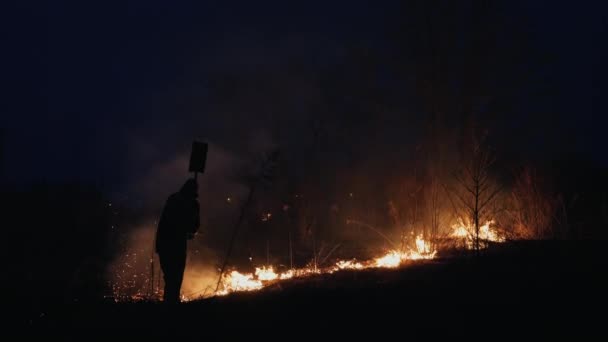 Двоє пожежників з вогнеметами гасять пожежу в лісі — стокове відео