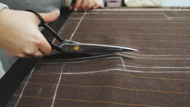 Tailor at work. Cutting costume fabric with scissors — Stock Video