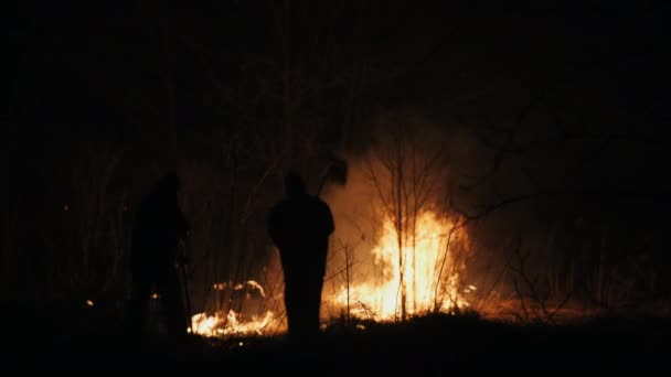 Two firefighters with fire flappers extinguish a fire at night — Stock Video