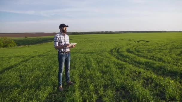 Человек агроном в поле с цифровым планшетом — стоковое видео