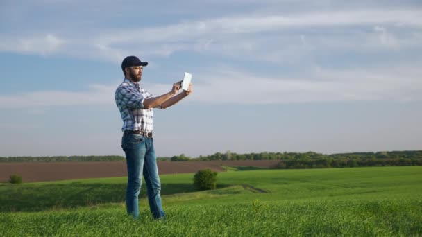 Farmer maakt gebruik van Tablet op het gebied van jonge groene gerst — Stockvideo