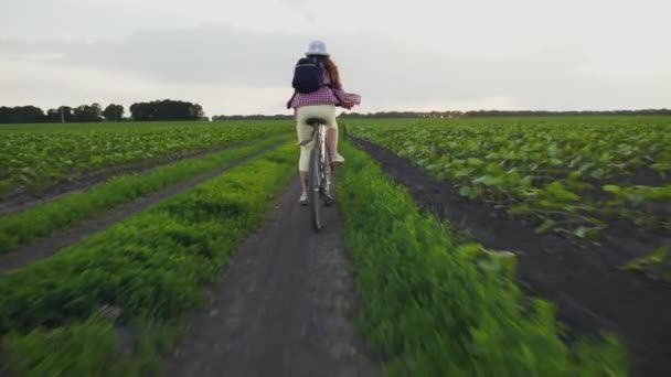 Adolescente Passeio Bicicleta Uma Estrada Terra Entre Campos Verdes Vista — Vídeo de Stock