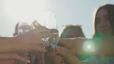 Arkadaşlar şişeler ve şarap gözlükleri clinking. Yakın çekim