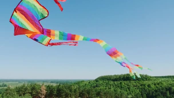 La fotocamera è rivolta a un aquilone nel cielo blu primo piano — Video Stock