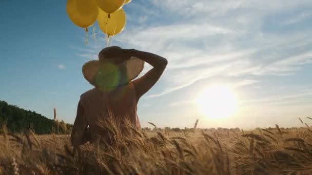 Şapkalı kadın, buğday tarlasında balonlarla yürüyor. — Stok video
