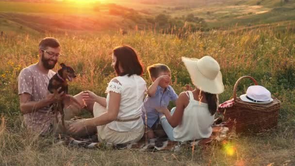 Šťastná rodina čtyř se psem se na pikniku při západu slunce baví — Stock video