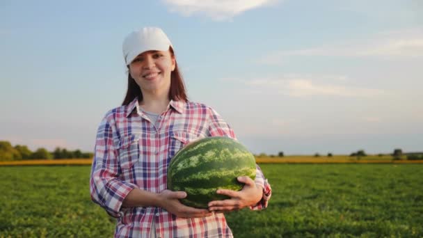 Portrait of a female farmer holding a ripe watermelon — Stock Video