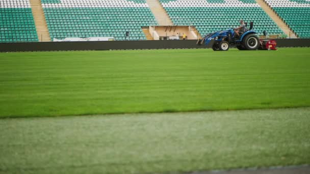 Газонокосилка косит зеленую траву на стадионе — стоковое видео