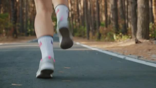 Vue arrière : une fille court le long de la route dans une pinède — Video