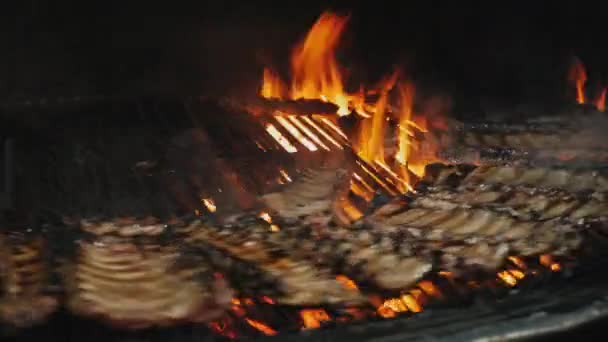 Costillas en parrilla barbacoa. Comida callejera, primer plano — Vídeos de Stock