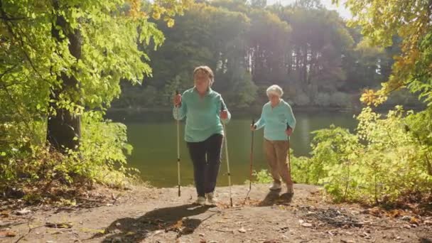 Wanita senior Nordic berjalan — Stok Video