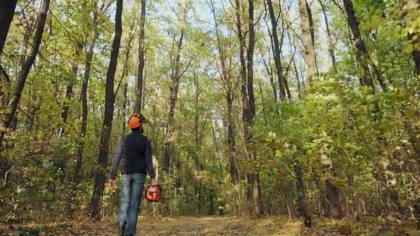 Чоловік тримає бензопилу і ходить у лісі — стокове відео