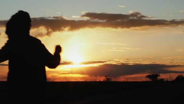 Silhuetas de família feliz corre ao pôr do sol — Vídeo de Stock
