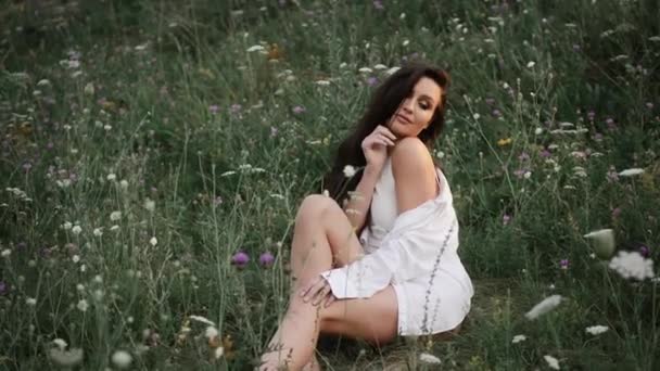 Дівчина позує на камеру, сидячи на траві на лузі — стокове відео