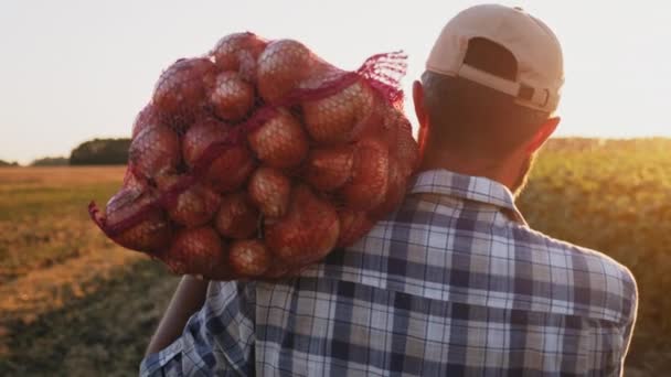 Farmář nosí na rameni pytel cibule, zblízka. — Stock video