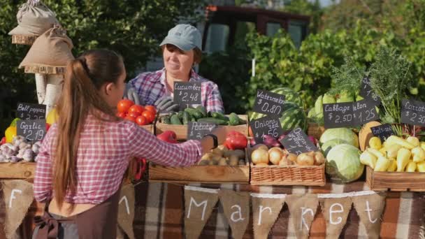 Nagymama és unokája a termelői piacon dolgoznak. — Stock videók