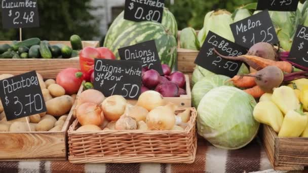 Produtos hortícolas e frutas frescos colocados no mercado dos agricultores — Vídeo de Stock