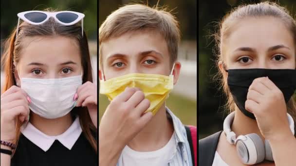 Gruppe af skolebørn, der tager medicinske masker af og smiler – Stock-video