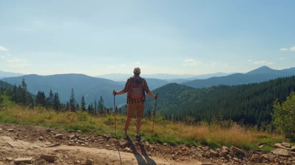 Homme avec bâtons de trekking debout sur le sommet de la montagne — Video