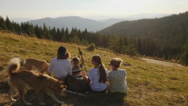 Семья с собаками отдыхает в горах — стоковое видео