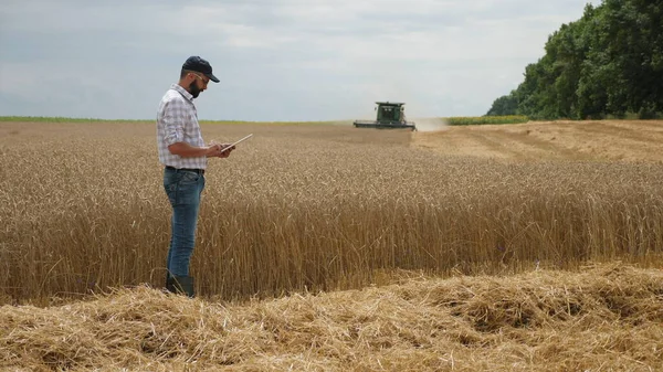農家はデジタルタブレットを使用しており、背景には収穫機があります — ストック写真