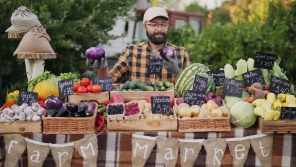 Der Bauer bietet Auberginen auf dem Bauernmarkt an — Stockvideo