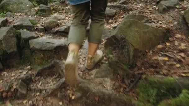 Uma turista feminina está caminhando ao longo de um caminho pedregoso, pernas fechadas — Vídeo de Stock
