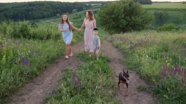 Maman avec des enfants et un chien marchent dans la nature — Video